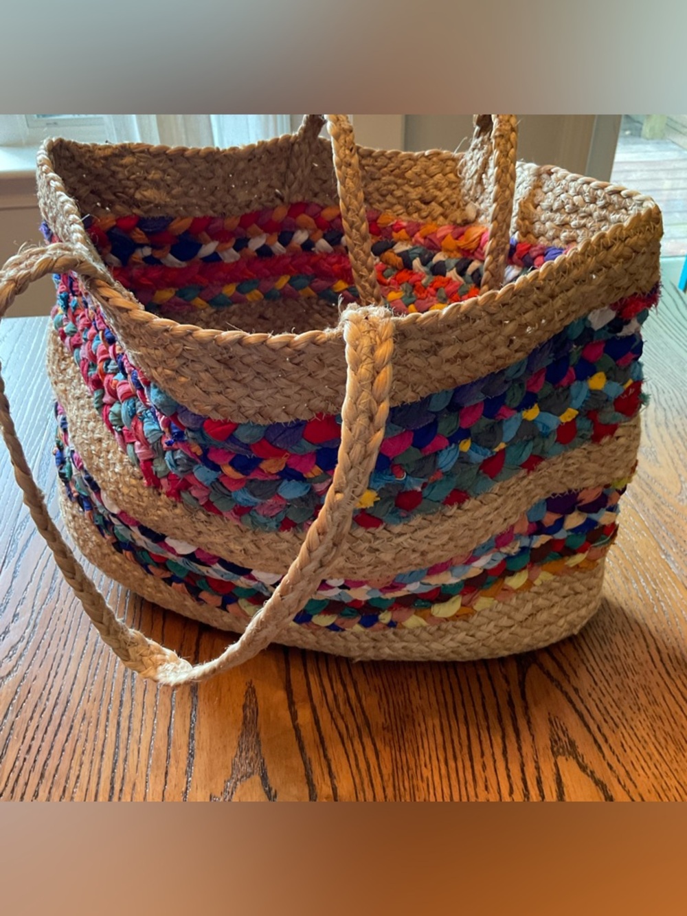 Multicolor Braided Accent Straw Tote - Natural
